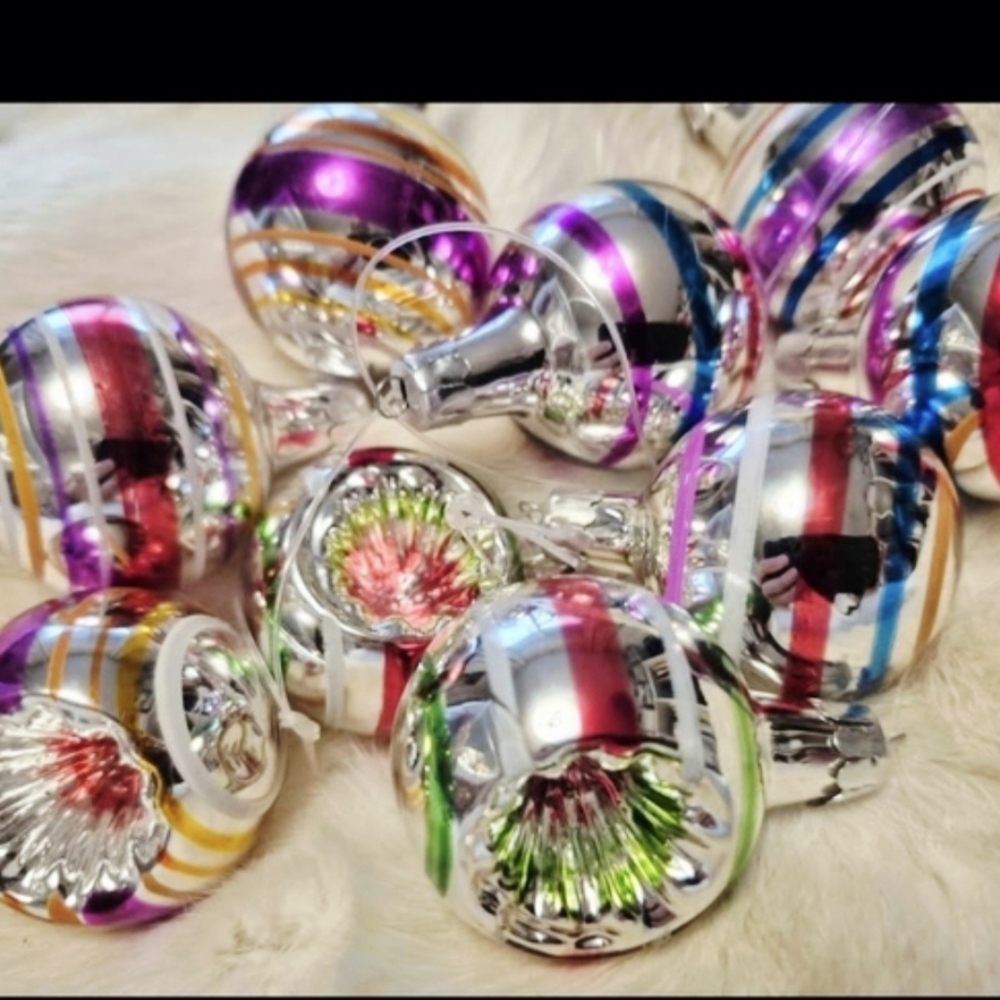 Vintage Handblown Colorful Striped Glass Christmas  Ornaments Set Of 12 Mixed